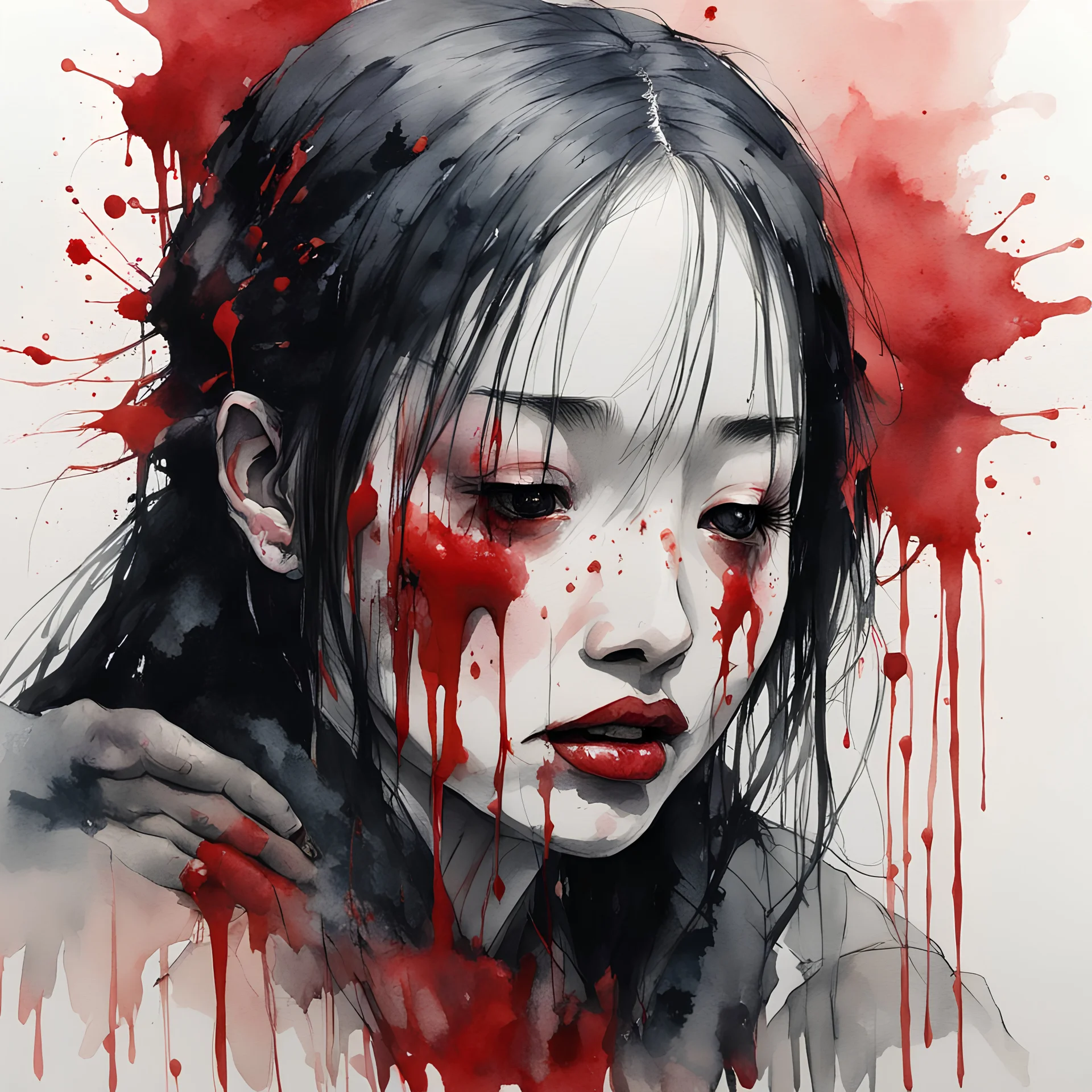 girl crying blood, style watercolor illustration by <agnes cecile> <John Kenn Mortensen> <Yoji Shinkawa>,