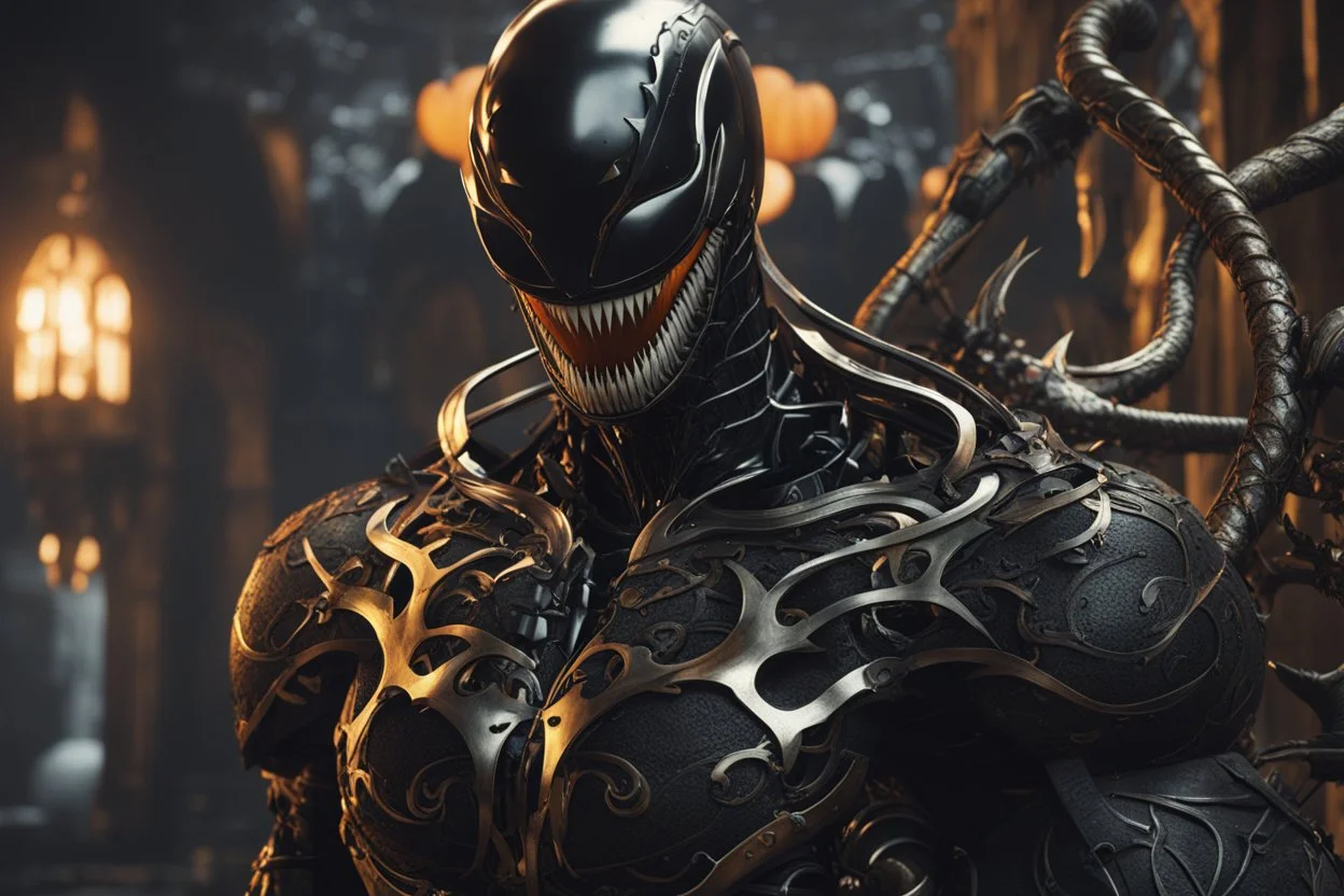 venom machine in 8k nier automata artstyle, halloween them, fire pumpkin head, close picture, fantasy world, intricate details, highly detailed, high details, detailed portrait, masterpiece,ultra detailed, ultra quality