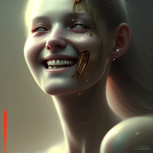 epic portrait of a beautiful girl with an unnaturally wide smile, horror smile, sharp focus, beautiful!, dewy skin, ethereal, painting, concept art, warm lighting, greg rutkowski