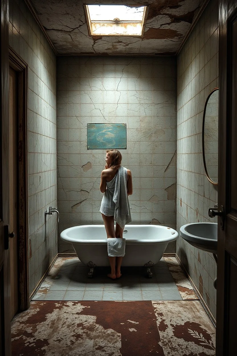 "A very old paints cracked abandoned bathroom , a woman with a towel standing in the tub , insanely detailed octane render trending on artstation, 8k artistic photography, photorealistic concept art, soft natural volumetric cinematic perfect light, chiaroscuro, award-winning photograph, masterpiece, oil on canvas, Raphael, Caravaggio, Greg Rutkowski, people, beksinski, Giger