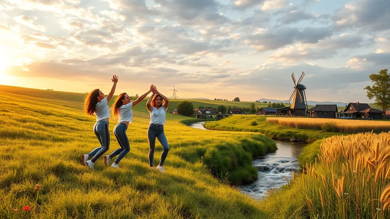 a group of young ladies in sports pants and blouse are dancing to camera in village over high grassy hills,a small fall and river and wild flowers at river sides, trees houses ,next to Ripe wheat ready for harvest farm,windmill ,cloudy sun set sky