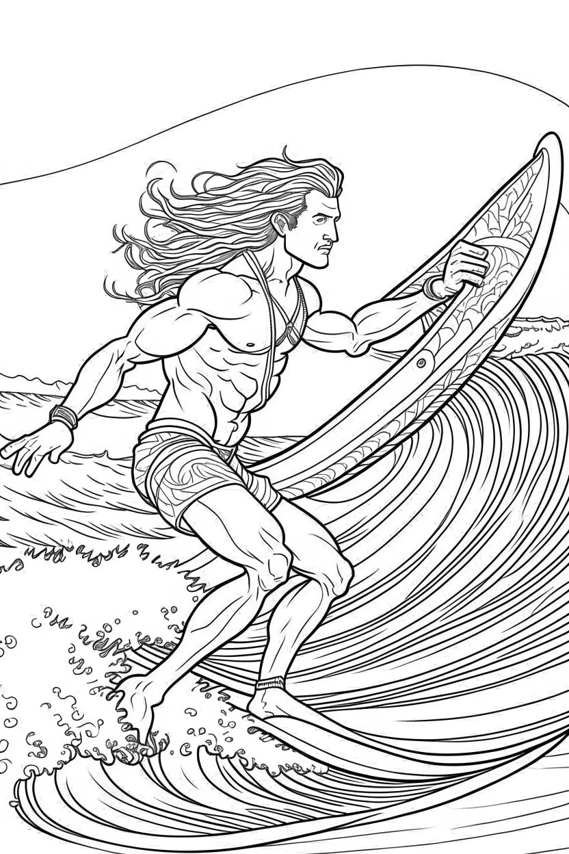 Outline art for coloring page OF A BUFF SURFER WITH LONG CURLY HAIR IN SHORTS RIDING A WAVE IN HAWAII LOOKING AWAY FROM US, coloring page, white background, Sketch style, only use outline, clean line art, white background, no shadows, no shading, no color, clear