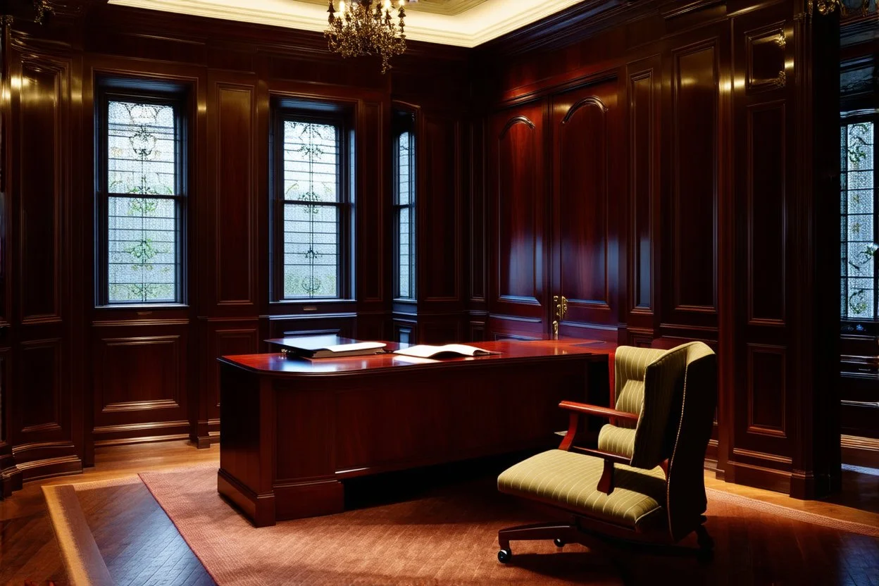 Picture of a study with mahogany panelled walls, a large desk to the side and a heavy wooden door, photorealistic, dark fantasy, 4k