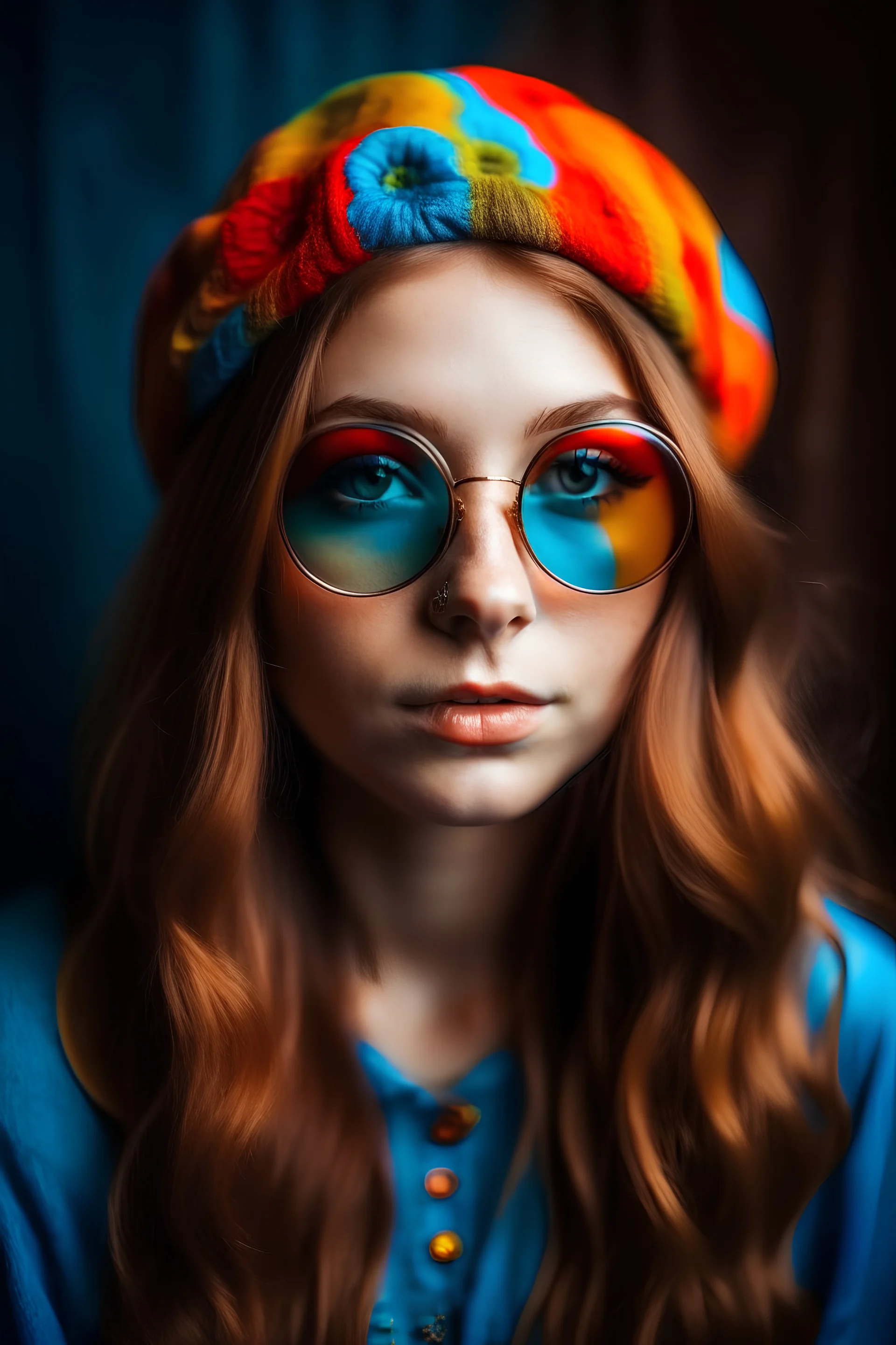 Space hippie girl with danish look and sunglasses of colours and long hair on the head. Farsightedness glasses and big eyes. Vintage look and feel like photos of the 70s