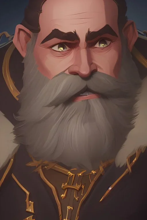 Medieval Fantasy Bearded strong man wearing a thick fur-lined merchant's coat, wearing gold rings, divine, halo, happy smiling, portrait, high definition, realistic, long hair, dynamic lighting, volumetric lighting, mustache, blond, arcane, wise, ambient occlusion, volumetric lighting