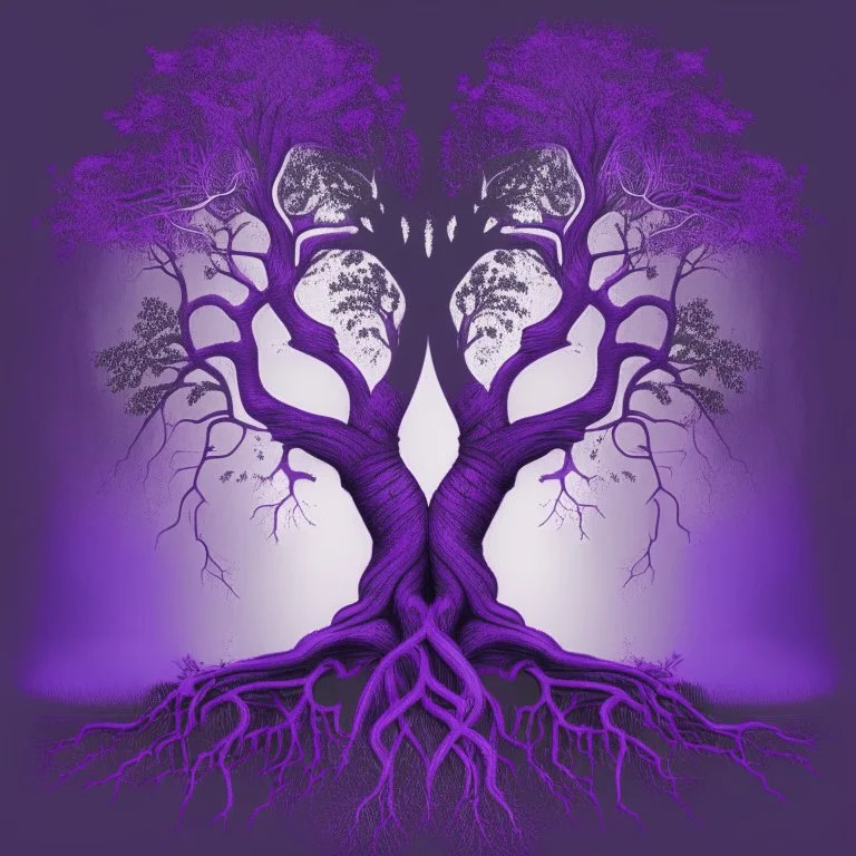 two trees with roots connected purple