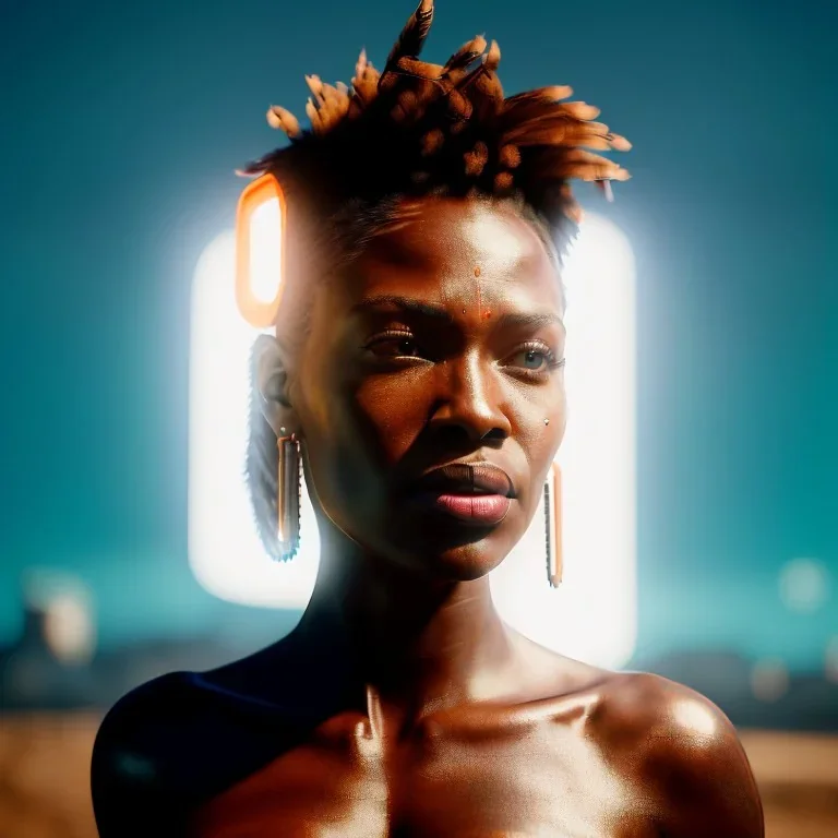 A beautiful portrait of a cyberpunk cyborg black tribal woman with lot's of grain on her skin and big tribal tatoos all over the skin, with natural hair floating in the wind cyborg smiling facing camera orange color scheme, high key lighting, volumetric light high details with white stripes and feathers unreal 5, octane render, cinema4d, dynamic lighting, dramatic lighting, 4k, redshift render, highly detailed, hyper realistic