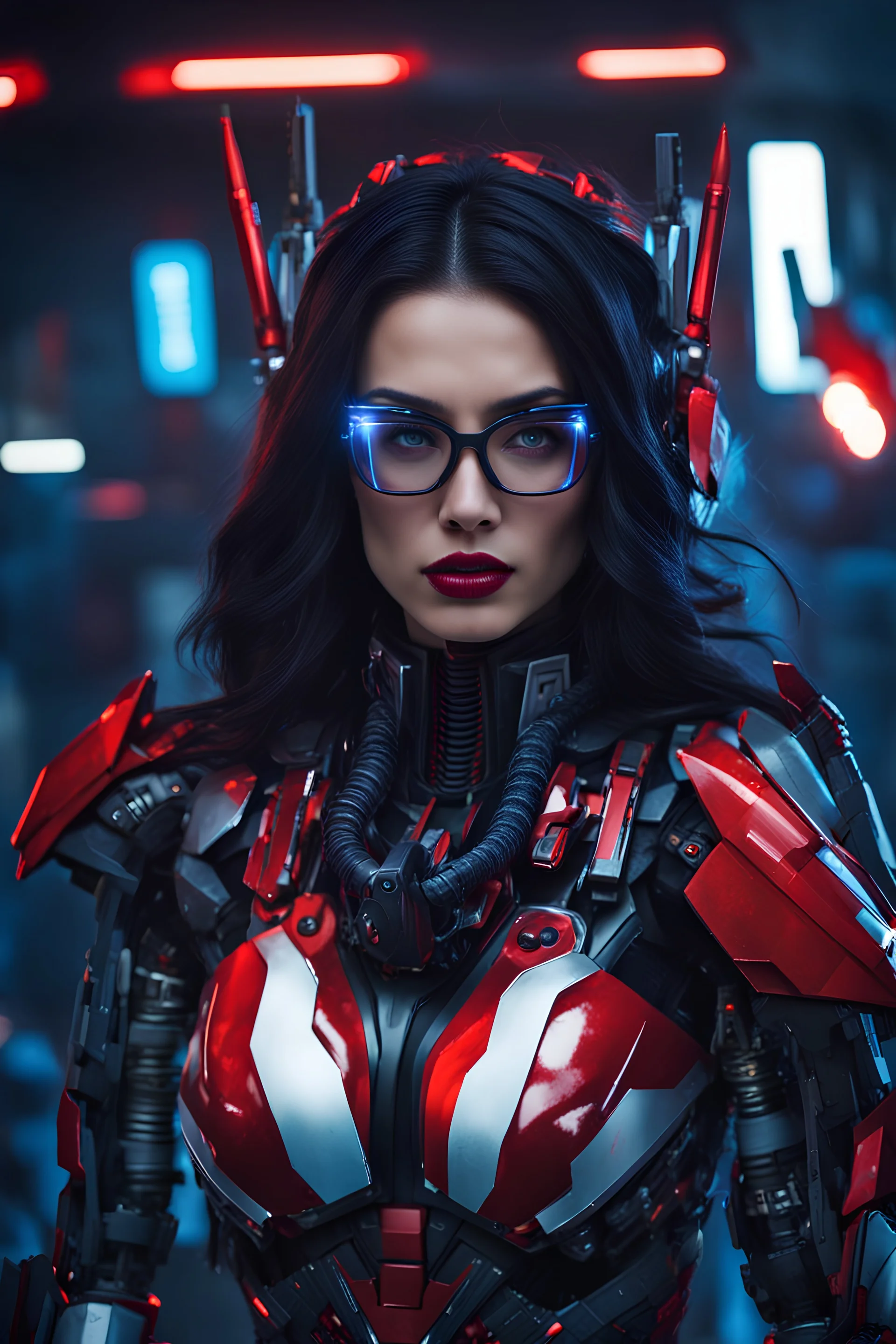 super pretty woman, good body, big bub, black longer hair, bad mode, high performance robot costume, glasses, hood, blue and red paint, to many weapons, led lights, good A.I. Interpretation, transformers inspiration, high definition photo, intrincate details, HD, darknight background.