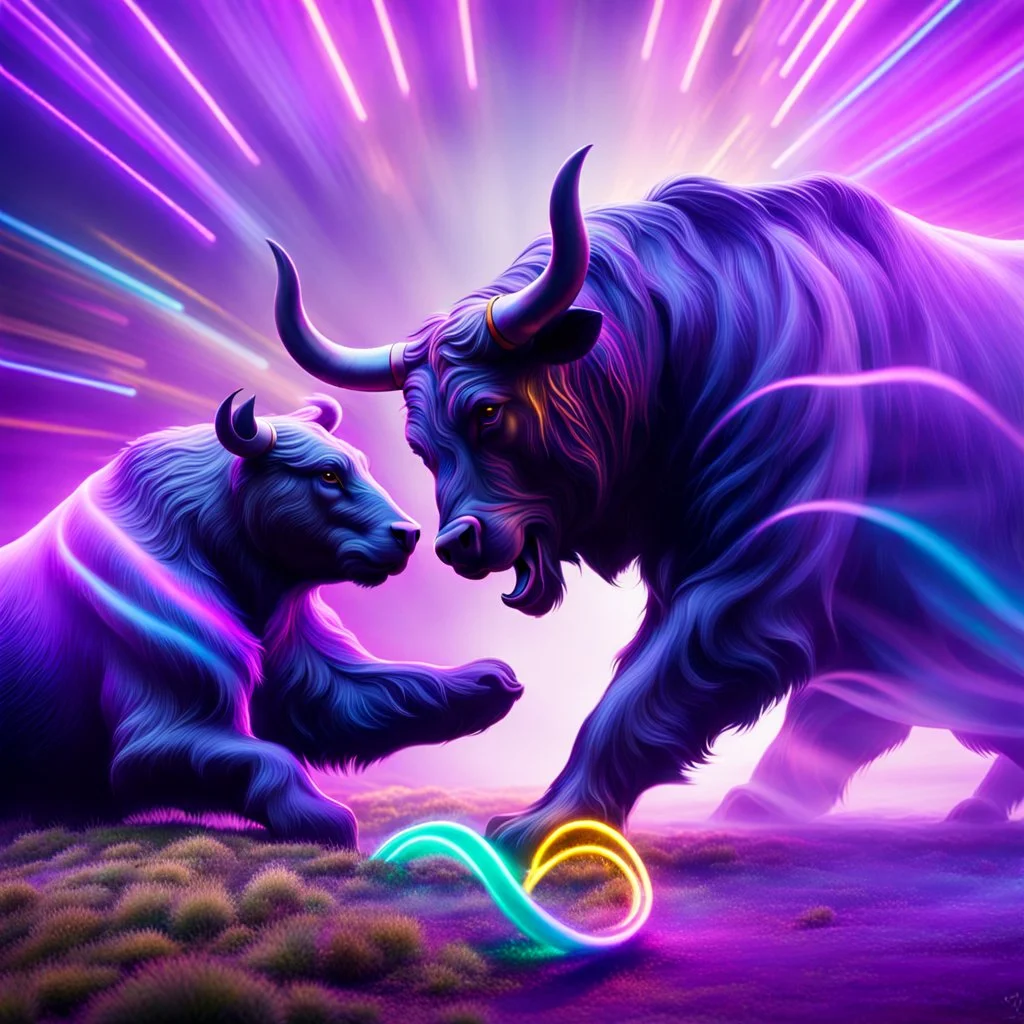 brightly coloured 3D infinity symbol ∞, bull with horns on right fighting with a bear on left, bull is winning, DSLR with a 80mm lens f/16 and a slow shutter speed of 1/15s, realistic photograph, striking, neon, vibrant, chiaroscuro, dramatic, captivating, high-tech, powerful, fantasy, beautiful, octane render, 16k post-production, award-winning photo: atmospheric: commanding: clarity: ultra quality: striking: brilliance: stunning colors: amazing depth