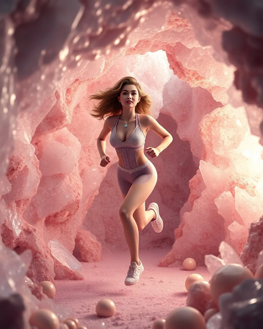 make a picture pretty crystal cave covered with jwells and 3d recursive cubic and sphere base pearls and Gemstone species, a beautiful goddess lady with cute,curvy hair,makeup, in pretty sports suit with jewels is running inside cave ,dynamic camera fallow her inside cave capturing full body, dynamic lights.