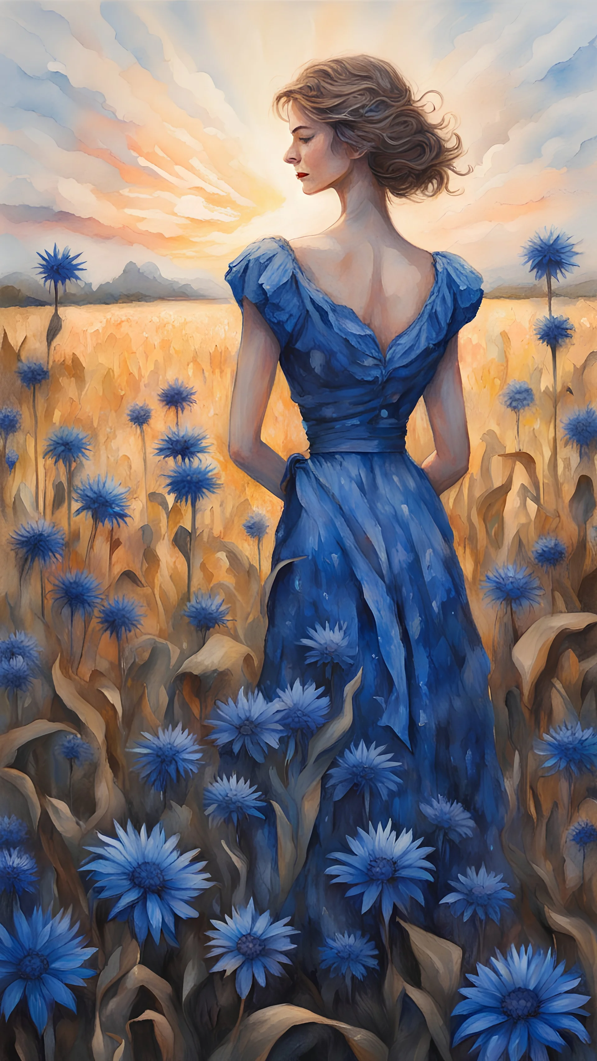 painting of a woman standing in a field of cornflowers, a fine art painting by Mandy Jurgens,figurative art, Art by Cameron Gray, summer and harvest, perfectly shaped hands and arms, best quality, ink painting, acrylic, cute cornflowers, sunrise, 2d, flat, cute, adorable, vintage, art on a cracked paper, fantasy and fairytale, storybook detailed illustration, cinematic, ultra highly detailed, tiny details, beautiful details, mystical, luminism, vibrant colors, complex background, trending on ar