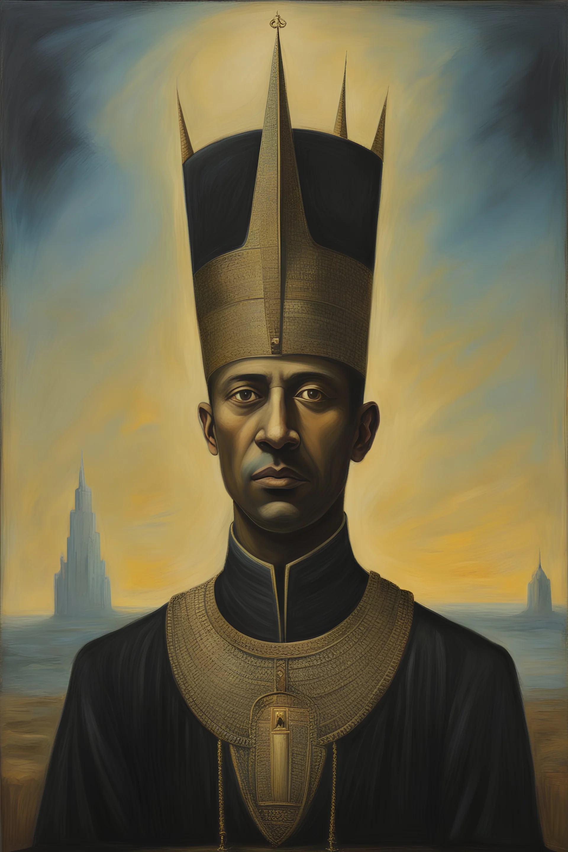 picture of Nicola tesla as the black pharaoh. oil painting in the style of Alfred kubin, beksinski and Caspar David Friedrich.