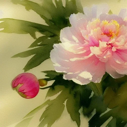 whimsical watercolor of a peony, warm colors, water color streaks and splashes, highly detailed, in the style of John Singer Sargent, white space