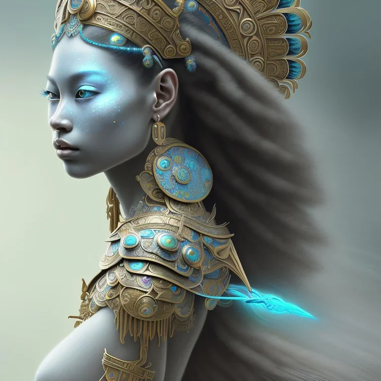 Sango fantasy, fantasy magic, intricate, sharp focus, illustration, highly detailed, digital painting, concept art, matte, art germ and Paul Lewin and Kehinde Wiley, masterpiece Mayan princess dancer head bronze feather's' Asian Latin girl nice breast Thai hair turquoise silver blue sky