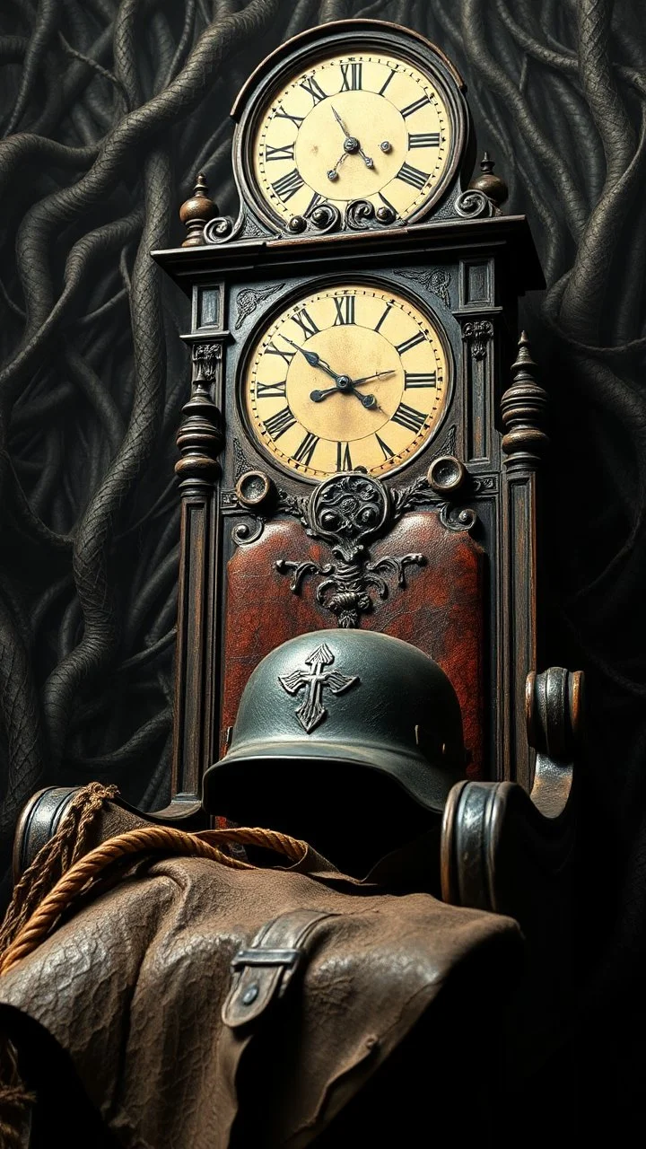 An old antique grandfather clock in the background of black vein, human veins, mixing together a lot of them, like a forest, big and small veins a lot of them, an army German helmet from ww2 sitting on an old broken throne