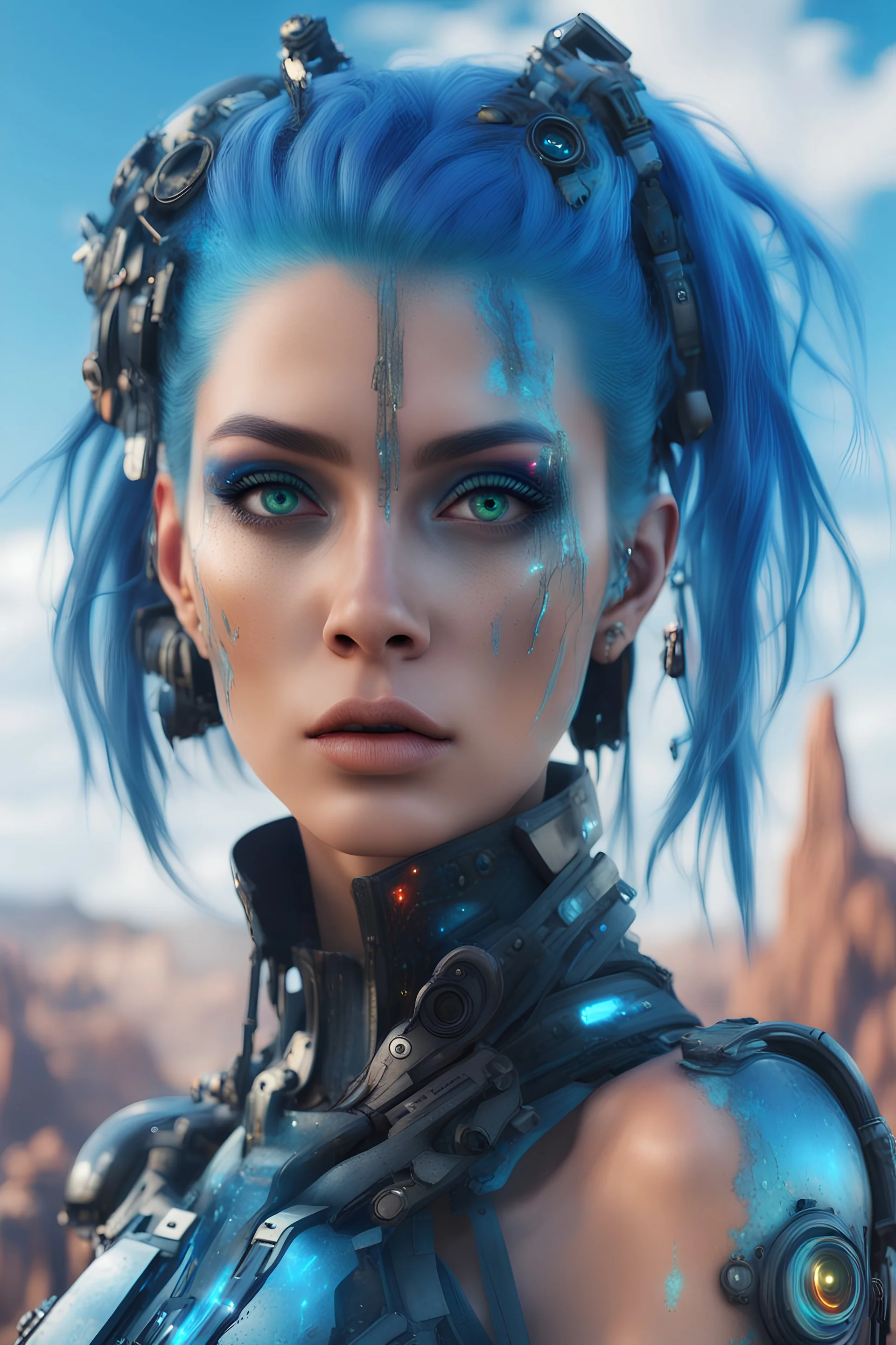 ((A bright vivid chaotic cyberpunk female, fantastic and mysterious, full makeup, blue sky hair, (nature and magic), electronic eyes, fantasy world)), (best quality, masterpiece, 8k, hdr, uhd, sci-fi, hyperrealistic, matte painting), centered, (animated:1.2)