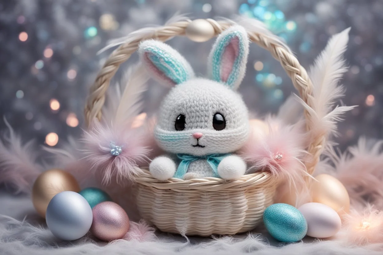 cute chibi plushy fluffy knitted and embroidered natural colored easter bunny in basket, feathers, easter eggs, iridescent flowers incorporated, light emitting, cracked bioluminescent holographic marble background, silver foil, sparkling diamonds, holographic raw pearls, ethereal, cinematic postprocessing