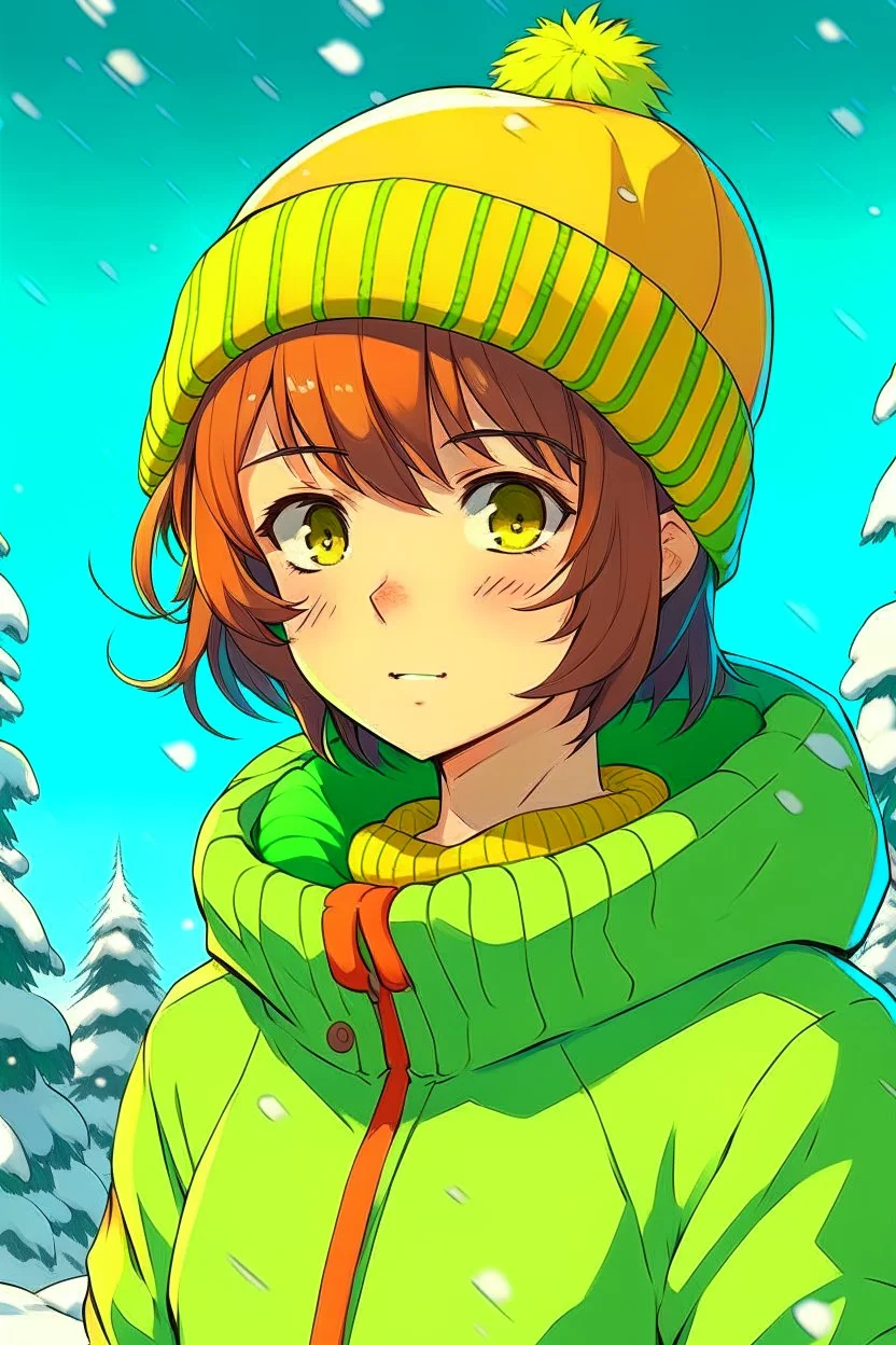 Girl with short brown hair, red eyes, green sweatshirt with a horizontal yellow stripe, he is wearing a Christmas hat, and in the background there are trees in the cold winter with lots of snow, Anime manga style