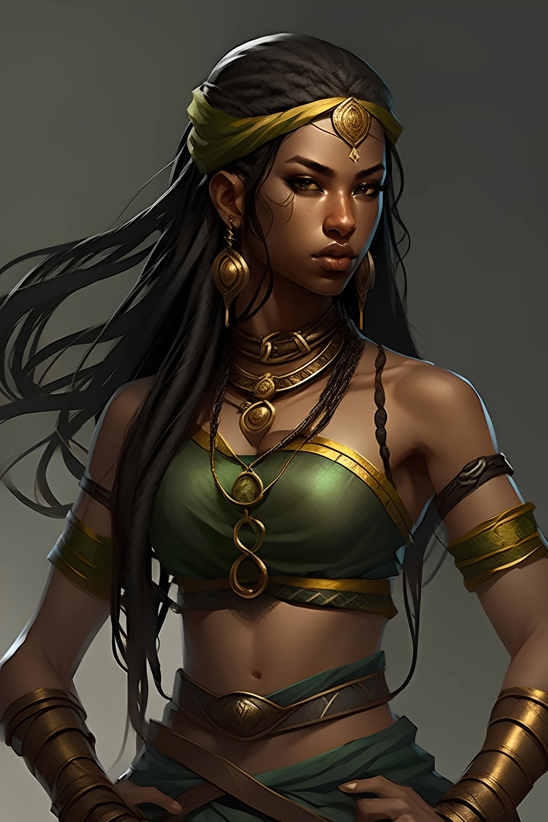 female Kalashtar dungeons and dragon race, ranger, long layered dark hair with a couple small braids, green and grey eyes, dark tanned skin, woman of color, dainty gold jewelry, sexy and strong looking, royal adventurer, muscles, sleeveless fairylike clothing, stomach showing