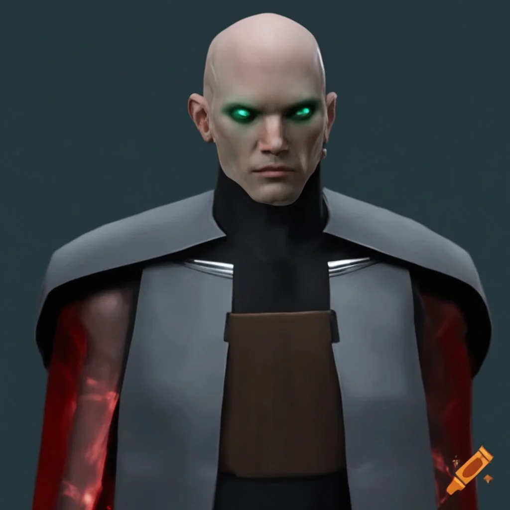 star wars bald male corellian jedi pilot wearing gunmetal grey and black old republic armored robes with gold trim inside the jedi temple holding a lightsaber with viridian green blade in left hand, centered head and shoulders portrait, hyperdetailed, dynamic lighting, hyperdetailed background, 8k resolution, volumetric lighting, light skin, fully symmetric details