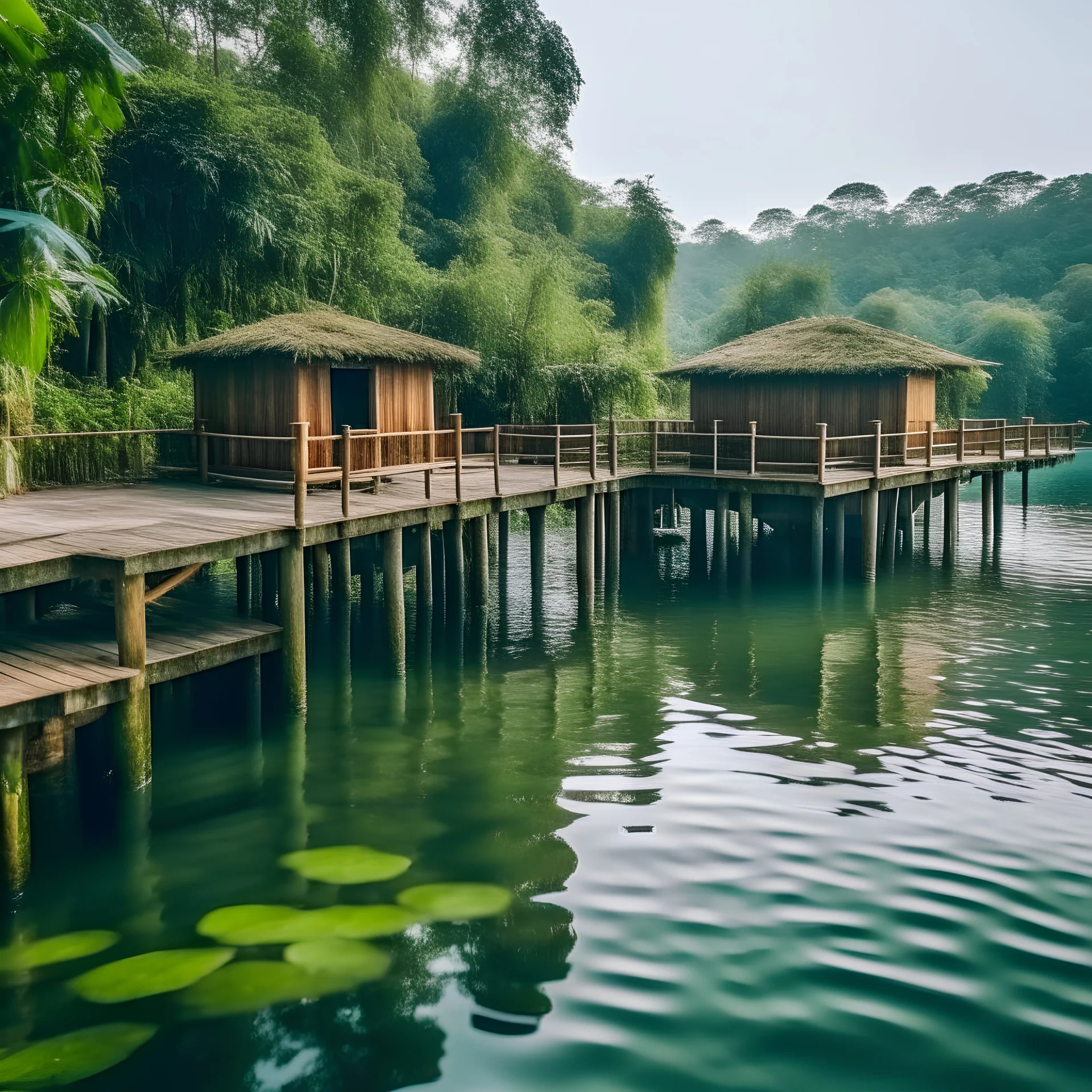 wooden resort, middle of the pond, nature, boat ride, good weather