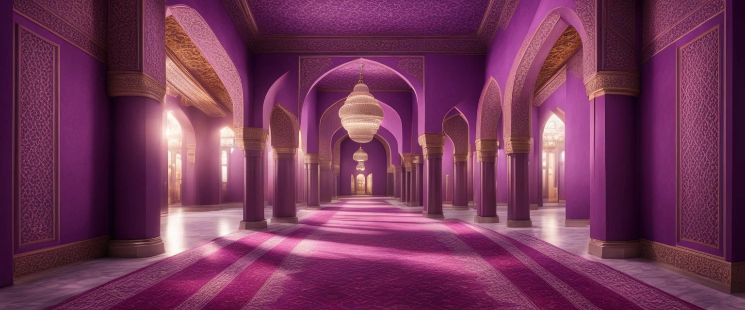 Hyper realistic detailed hallway inside purple wall Mosque with maroon pillars, beautiful carpet & ceiling lights at night