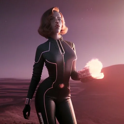 retro sci-fi portrait image from 1960, supermarket parking explosion, fire, classic black widow, young Scarlett Johansson, tight lycra suit, soft color, highly detailed, unreal engine 5, ray tracing, RTX, lumen lighting, ultra detail, volumetric lighting, 3d, finely drawn, high definition, high resolution.