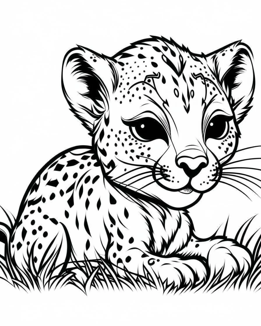 create a 2d black outline, "safari smiling cartoon baby gepard coloring book for toddlers", coloring page, low details design, black contour, coloring page design, simple background, colorful , card style, coloring page for kids, white background, sketch style, safari landscape, cartoon style