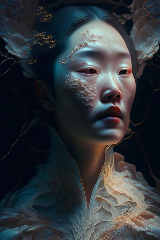 portrait of a korean woman, fractal, intricate, elegant, highly detailed, digital photography, subsurface scattering, cinematic lighting, by jheronimus bosch and james jean and greg rutkowski