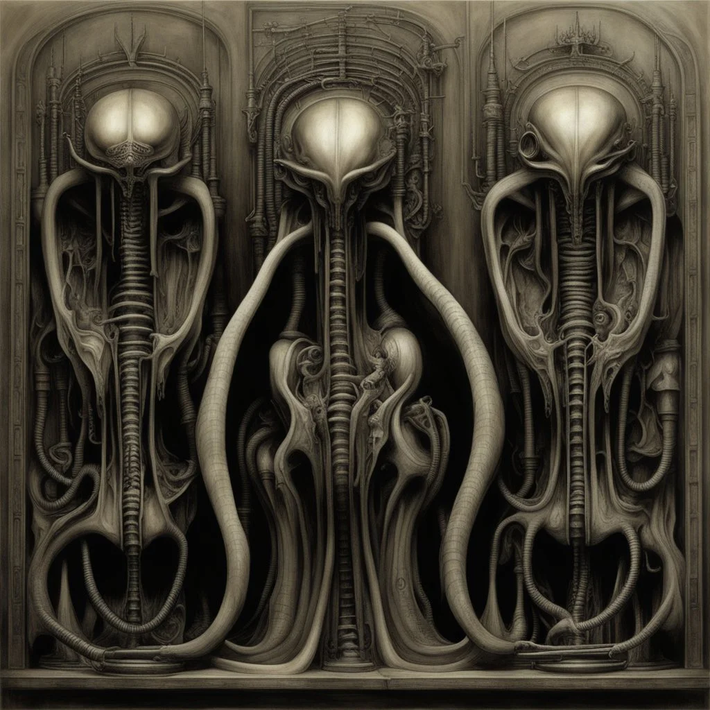 HR Giger's biomechanical art often features dark, erotic, and surreal elements that can be interpreted as having BDSM (bondage, discipline, dominance, submission, sadism, and masochism) undertones. The fusion of organic and mechanical forms in Giger's work can evoke a sense of power dynamics, control, and submission, which are common themes in BDSM. Giger's art, including his famous creation, the biomechanical alien from the "Alien" film series, is known for its sexual and fetishistic imagery.