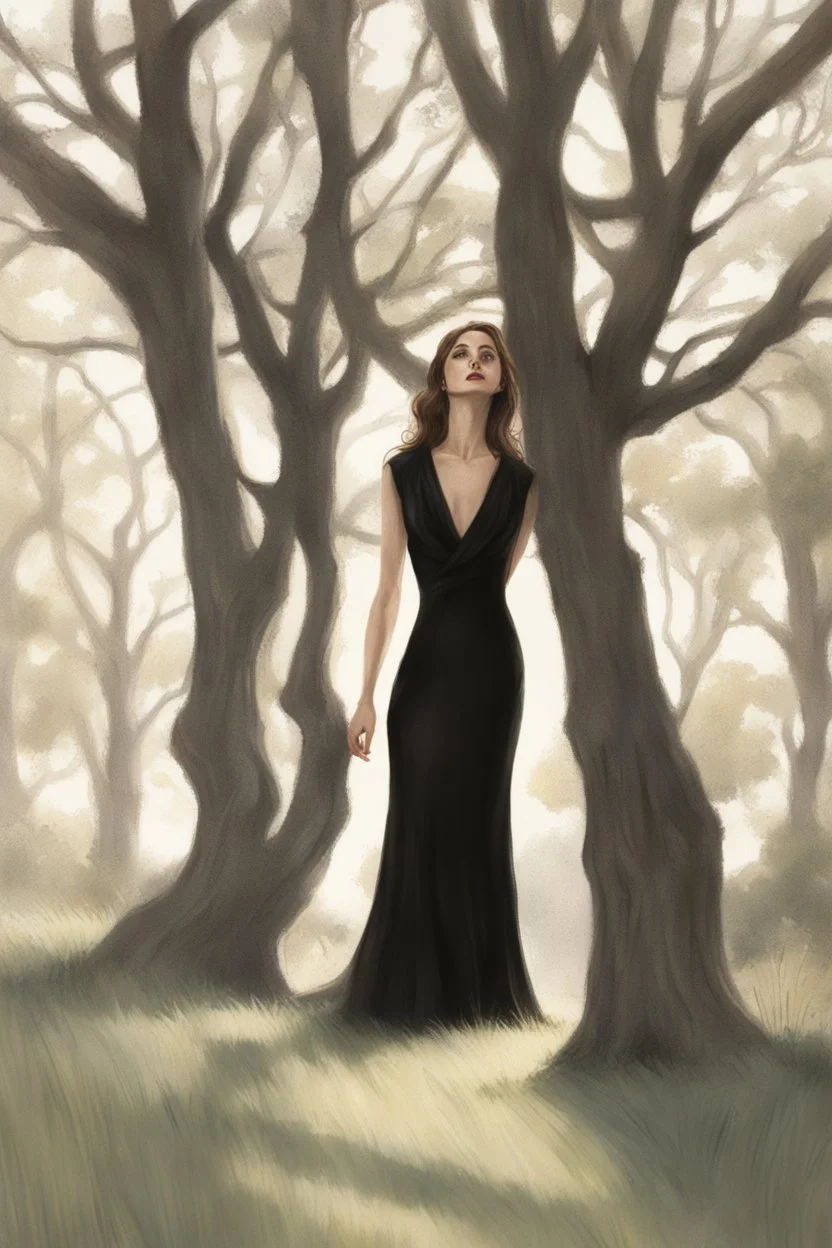 Wednesday in a low-cut black gown standing under a black tree, photorealistic, delicate detail.