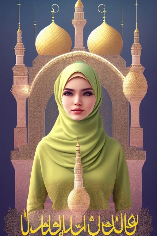 high light, hijab, covered head, mosque background, mecca, eid