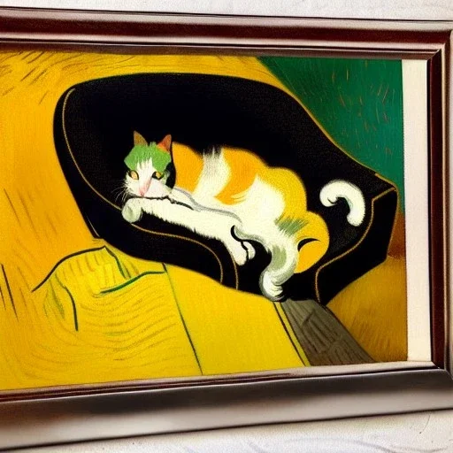 oil portrait of tricolor pattern Cat sleeping in a black sofa by VINCENT VAN GOGH 8k