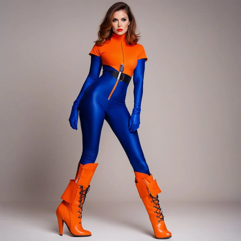 shelby lynga is a secret agent wearing her blue catsuit orange gloves and orange high heel boots