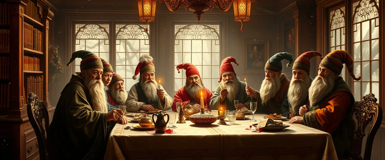 Dynasty family by table, in winter glow, master oil painting by Rembrandt, arts magica spy gnomes soap opera poster, huge multi level archive, library, woodland creatures, motion blur, background mist, light beam from windows Let the magic flow Oh winter glow Don't let it go [Bridge] Stars above like tiny fires Hearts alight with quiet desires