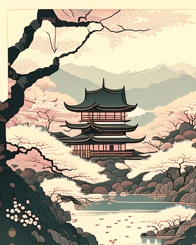 A serene, Japanese woodblock print-style illustration of a traditional temple set amidst a tranquil landscape of cherry blossoms, gentle streams, and rolling hills, using a soft color palette and delicate composition techniques.