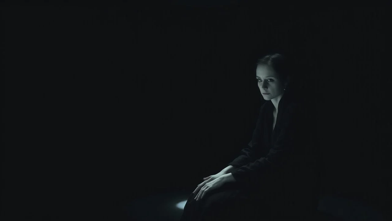 A solitary woman sitting alone in an endless void of darkness, pale skin, large hollow dark eyes with deep shadows underneath, wearing tattered black robes, empty expression, staring into nothingness. Only a faint circle of dim light surrounds her. Absolute loneliness, emotional emptiness, existential despair, abandonment, silence, vast darkness consuming everything beyond the light. No other people, no faces, no eyes, no creatures, no monsters, no silhouettes, no figures in the shadows, no watc