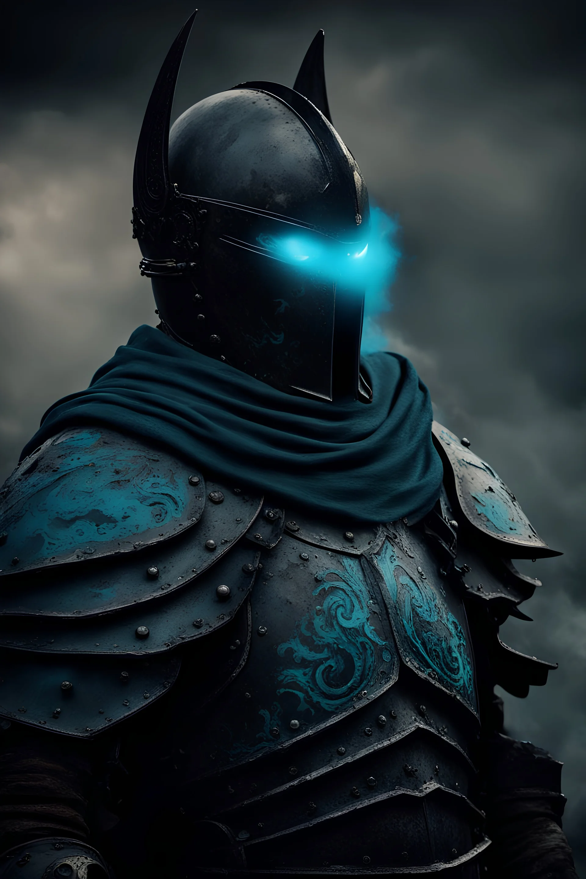 a dark knight with turquoise blue steam coming out of his eyes, corinthian helmet, dark armor, standing darkly on a medieval battlefield. intimidating