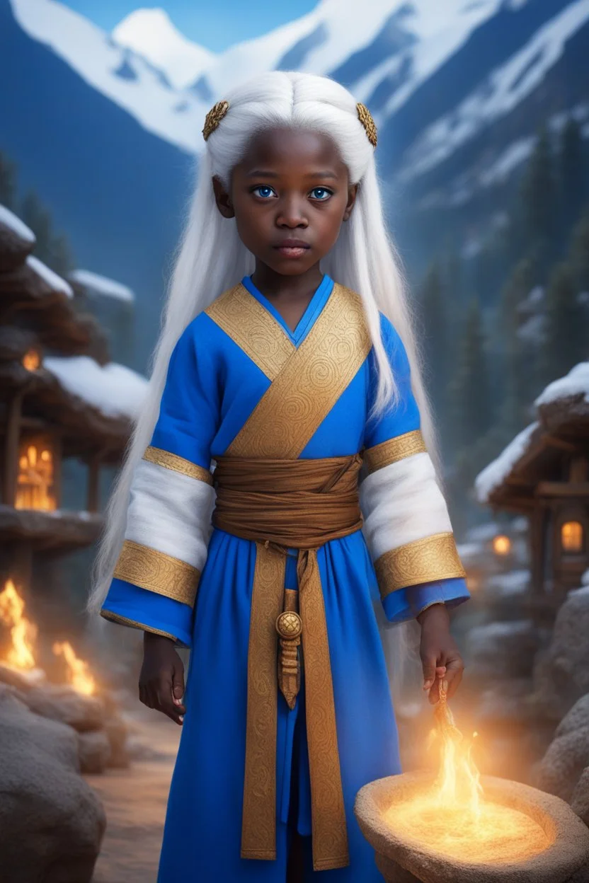 niña de 6 años, piel negra, ojos azules, largo y lacio cabello blanco como la nieve, vestida con antigua y ancestral vestimenta de hechicero de dos piezas color azul, desbordando una mítica aura dorada, en una aldea primitiva en las montañas