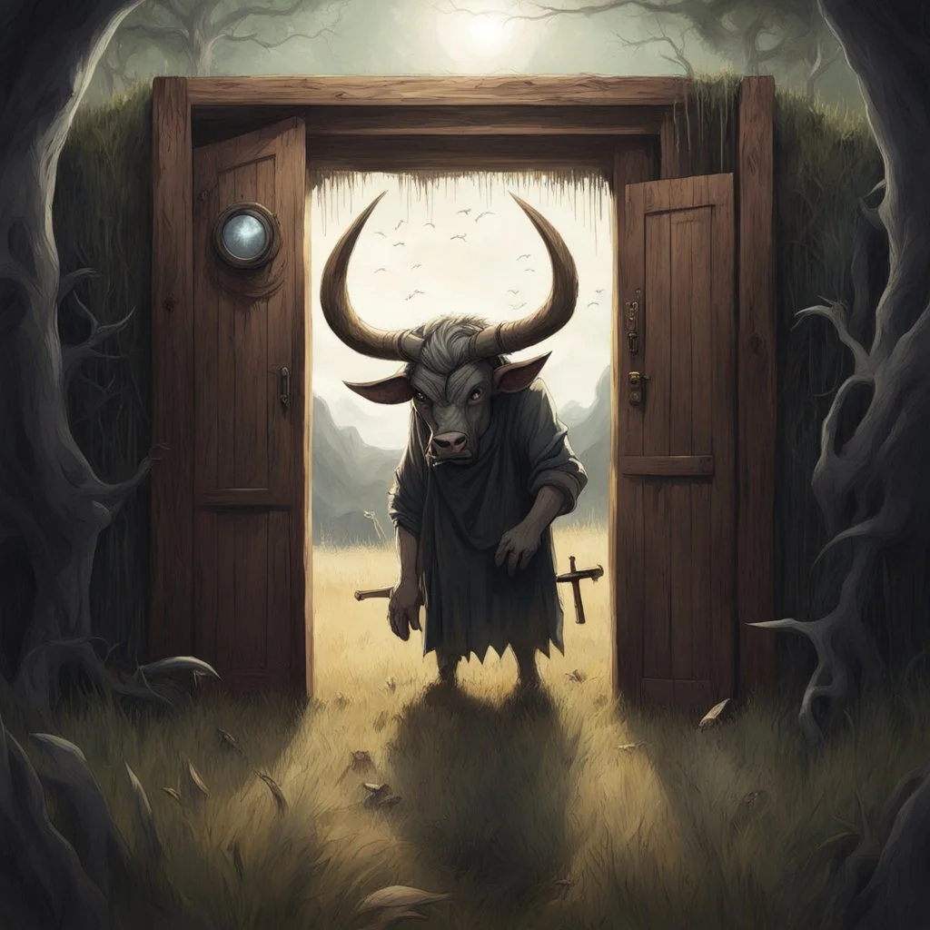 High concept art, horror movie aesthetic in the spirit of "Pan's Labrynth", (no text), fine digital illustration, in an empty field of knee-high grass is a wooden doorway revealing a portal of brilliant light, guarding doorway is a fearsome minitour holding an axe who has a television set on his head broadcasting a picture of a bull head, sinister, concept art, oddball masterpiece, sfumato, complex contrast, dynamic composition