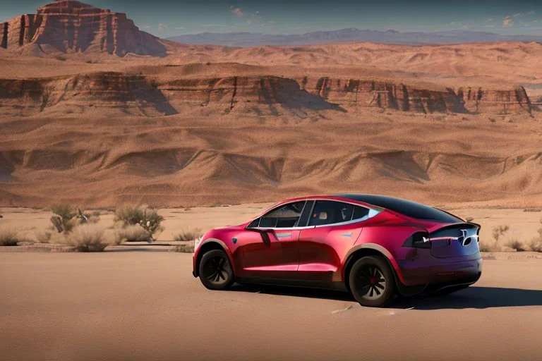 A Tesla 'Semi' (semi truck) is parked, in the Mojave Desert. (CINEMATIC, WIDE ANGLE LENS, PHOTO REAL)