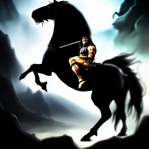 ultra detailed portrait of Conan the barbarian Riding a black horse, wearing armor and Sword, extremely detailed digital painting, extremely detailed face, in the style of robert e howard and Simon Bisley and Ashley Wood, mystical colors, rim light, beautiful lighting, 8k, stunning scene, raytracing,perfectly centered image, perfect composition