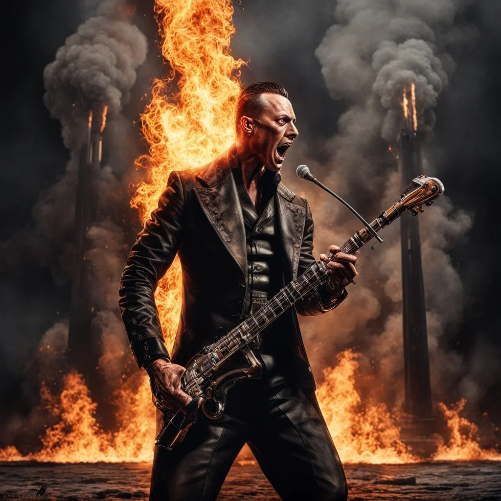 photoreal 2/3 portrait of Till Lindeman lead singer of Rammstein performing Feuer Frei, Rammstein flamethrowers, microphone stand on fire, elaborate fire pyrotechnics, photorealistic, dramatic, cinematic, kinetic, concept art photorealism, fire effects, columns of flame, bursting fire