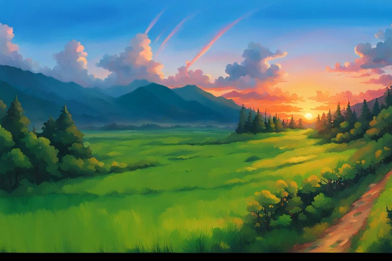 It is a scenic landscape with a lush green meadow, rolling hills, and a vibrant sunset sky with colorful clouds. The background features a range of mountains silhouetted against the warm orange and pink hues of the setting sun. like Studio Ghibli and oil painting