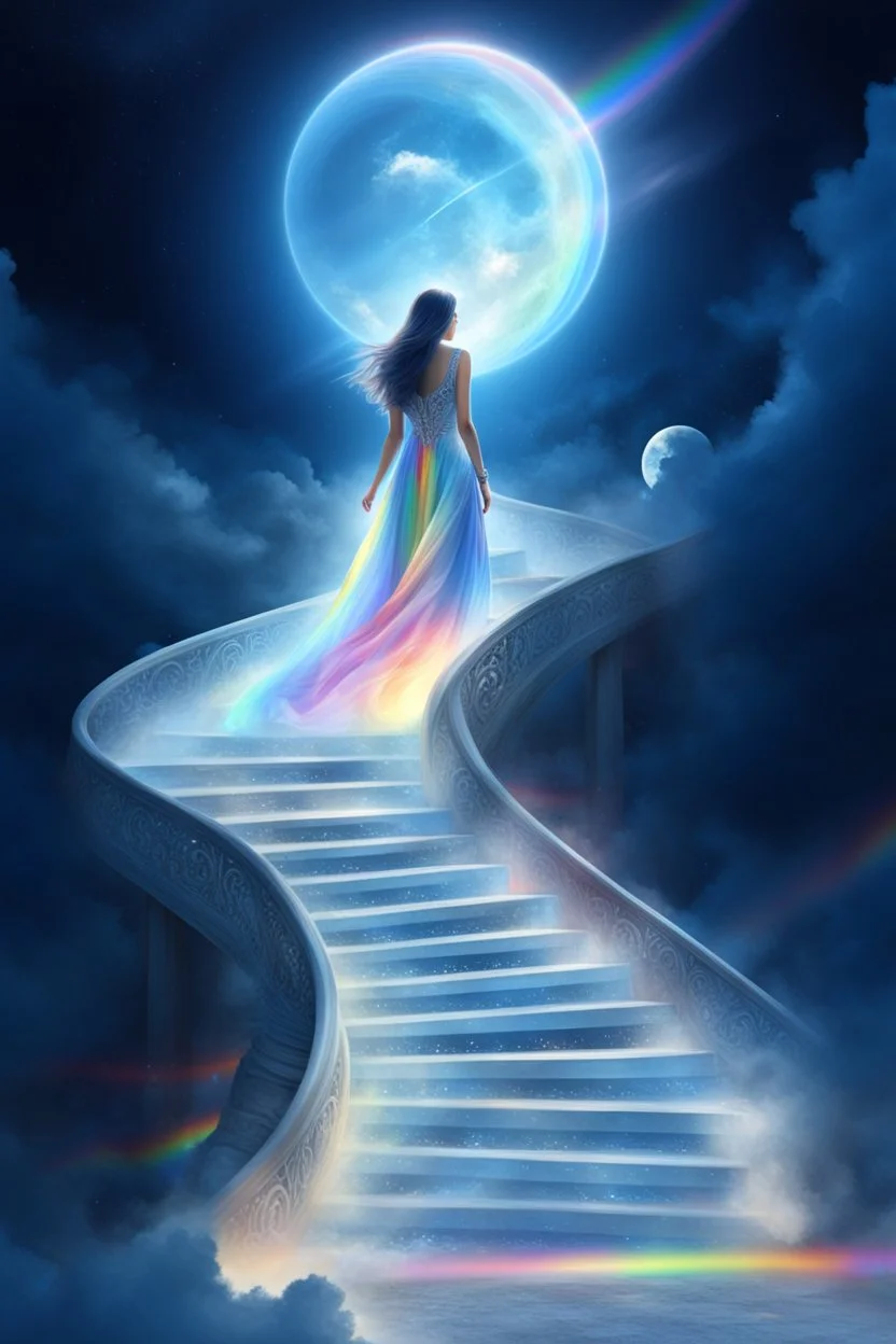 fantastic,Beautiful woman, stairway to heaven whit rainbow, ufos arc en ciel futuriste très beau