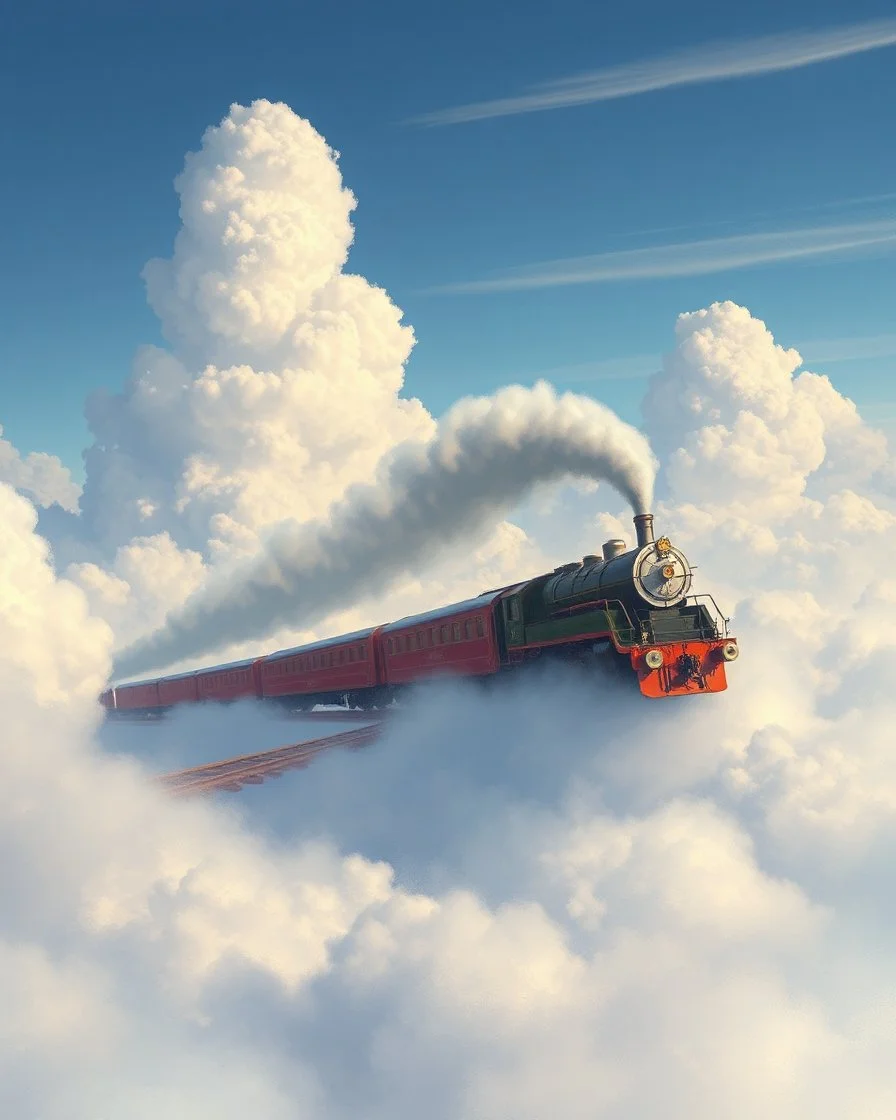 the train runs above the high clouds,rendering fantasy art picture