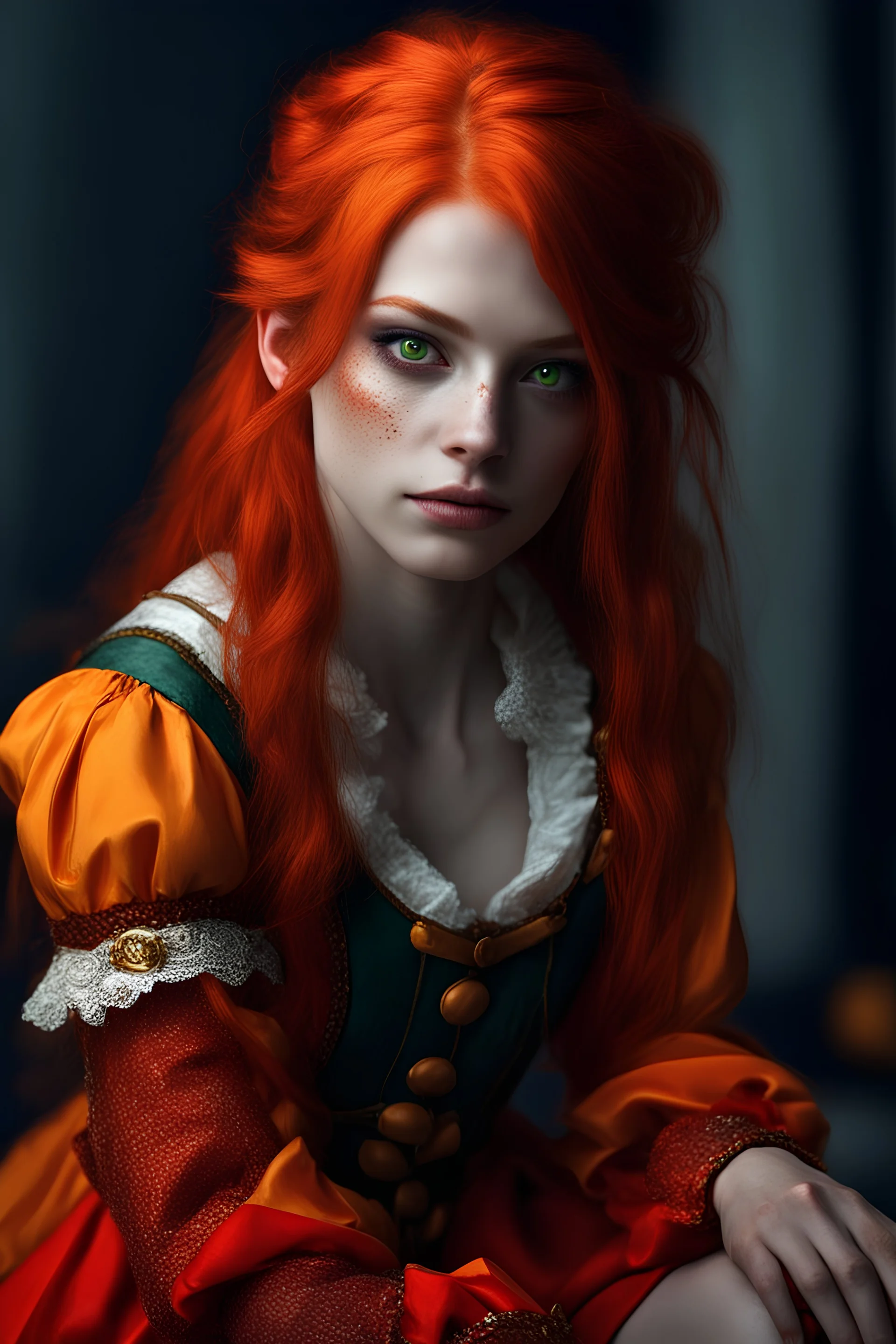 Human, 19yo girl, redhair, medieval, fantasy, jestet suit, green eyes, crazy smile, scar right eye
