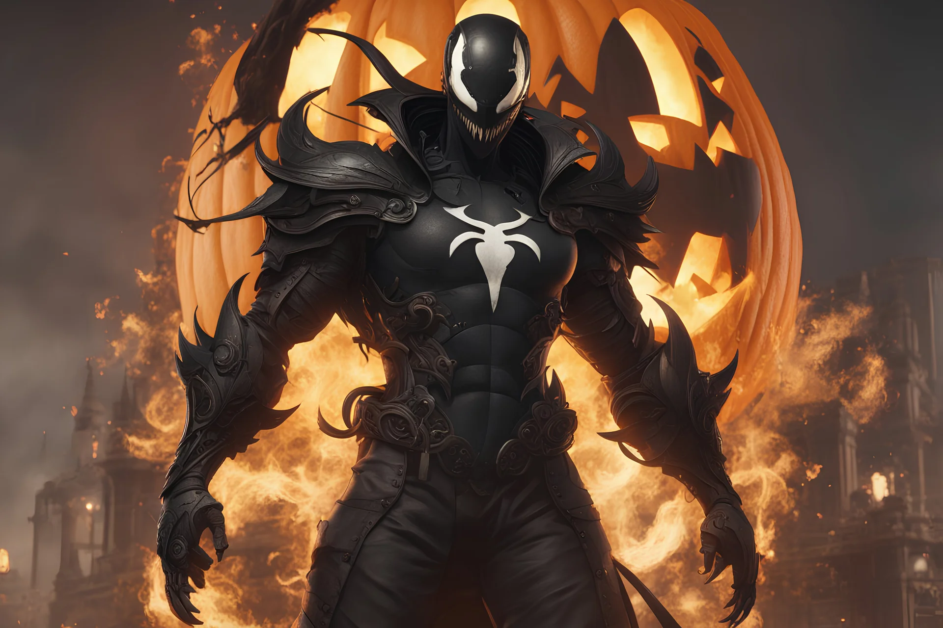 venom machine in 8k nier automata artstyle, halloween them, fire pumpkin head, close picture, fantasy world, intricate details, highly detailed, high details, detailed portrait, masterpiece,ultra detailed, ultra quality