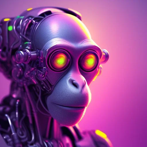 A beautiful portrait of a cyborg monkey purple neon color scheme, high key lighting, volumetric light high details psychedelic background