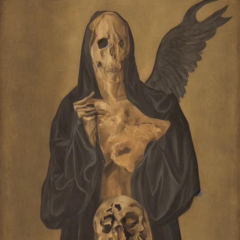 a dark saint with a skull head in s hooded robe with wings